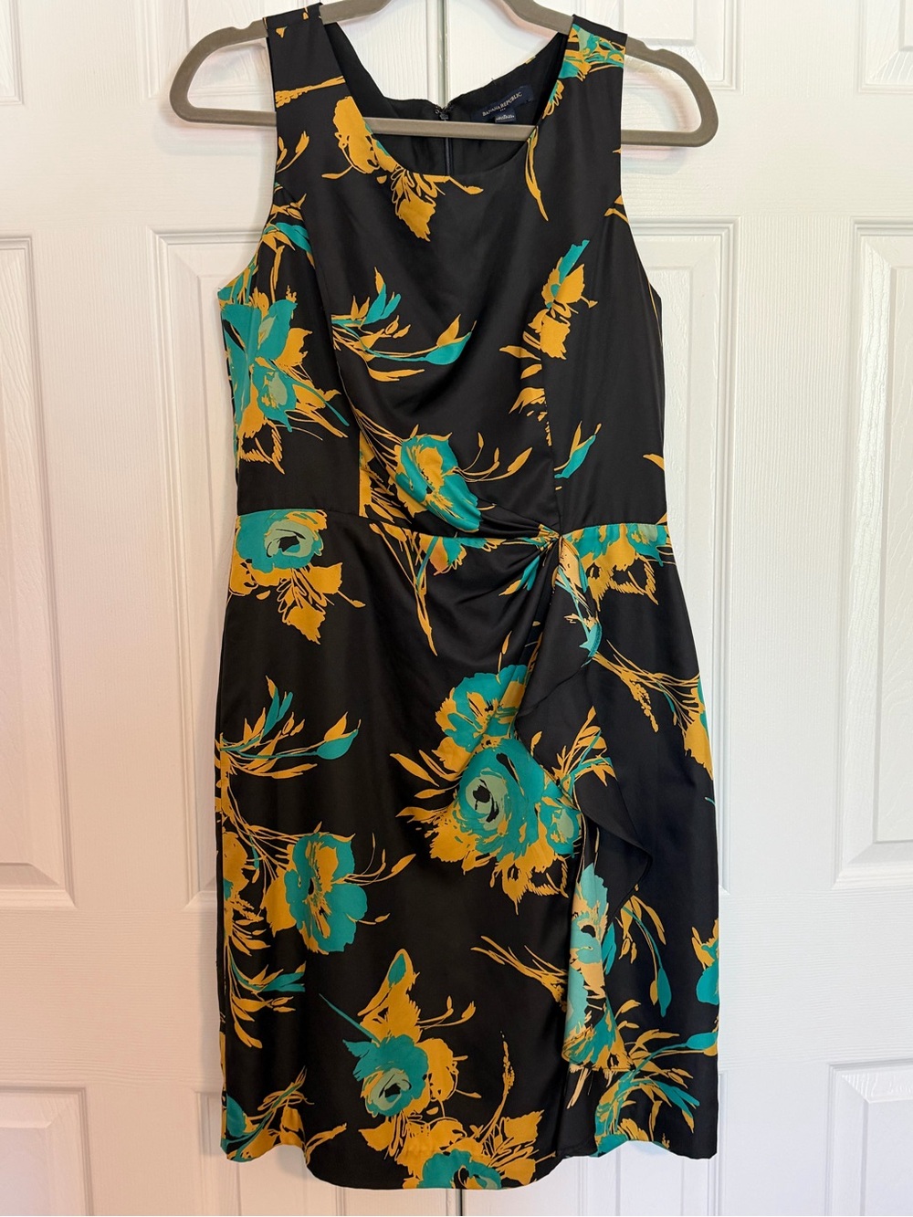Banana Republic Black Midi Dress with Teal & Mustard Floral Print